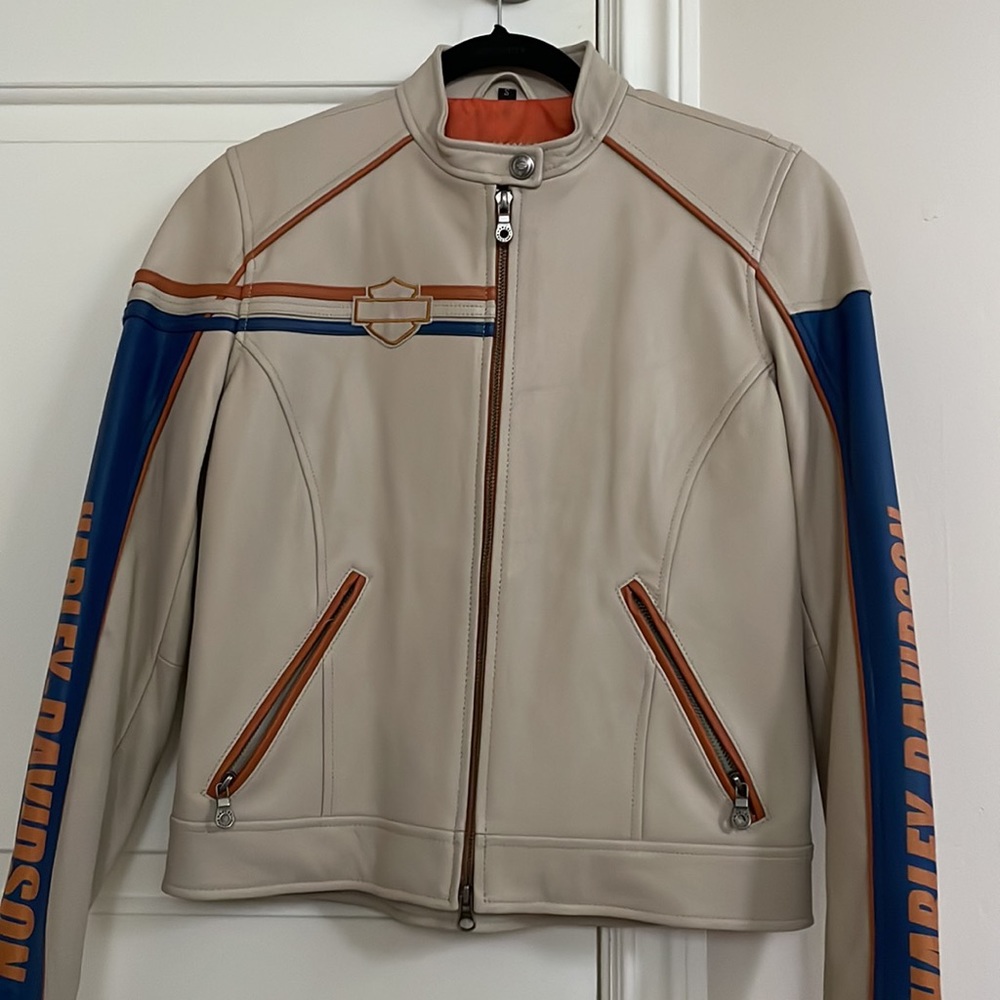 Harley Davison Orange / Blue / Cream leather jacket - Picture 16 of 16